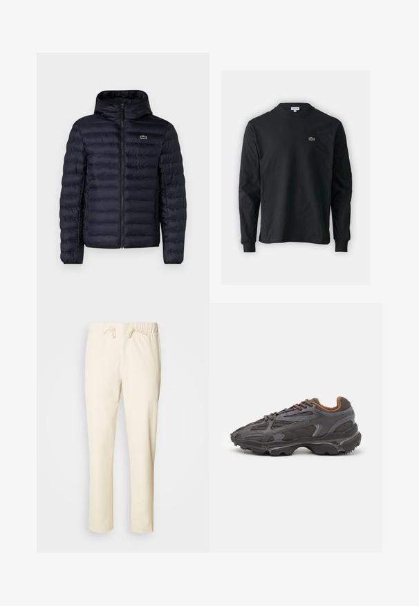 Marineblaue gepolsterte Jacke mit Kapuze, ausgestattet mit einem Frontreißverschluss und elastischen Bündchen. Strukturierte Oberfläche mit horizontalen Nähten und einem Logo-Detail.; Schwarzes Langarm-T-Shirt aus Baumwolle, mit Rundhalsausschnitt und einem kleinen grünen, gestickten Krokodil-Logo auf der linken Brust.; Helle beige, lässige Hose aus weichem Stoff, mit einem elastischen Bund und Kordelzug sowie seitlichen Taschen.; Lacoste Sneaker in Dunkelgrau aus Mesh und Synthetikmaterial, mit einer strukturierten Sohle und braunen Akzenten am Kragen und Logo.