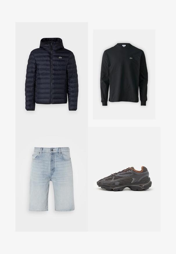 Tamsiai mėlyna pūkinė striukė su kapišonu, turi priekinį užtrauktuką ir elastines rankoves. Su tekstūruotu paviršiumi, horizontaliais siūlais ir logotipo akcentu.; Juodas ilgomis rankovėmis marškinėliai iš medvilnės, turintys apvalią iškirptę ir mažą žalią išsiuvinėtą krokodilo logotipą kairėje krūtinės pusėje.; Šviesiai mėlyni džinsiniai šortai su tiesiu kirpimu. Turi mygtukų užsegimą, penkias kišenes ir subtilų audinio pagnybimą.; Lacoste sportbačiai tamsiai pilki, pagaminti iš tinklinės ir sintetinių medžiagų, su tekstūruotu padu ir rudomis detalėmis ant apykaklės bei prekės ženklo.