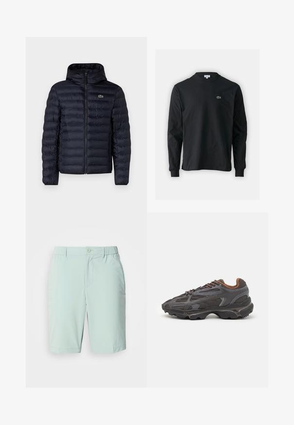 Chaqueta acolchada navy con capucha, que cuenta con un cierre frontal y puños elásticos. Acabado texturizado con costuras horizontales y un acento de logo.; Camiseta de manga larga negra de algodón, con escote redondo y un pequeño logo de cocodrilo bordado en verde en el lado izquierdo del pecho.; Pantalones cortos azul claro hechos de una tela suave, con cierre de botón, bolsillos frontales y una cinturilla cómoda sin patrones visibles.; Zapatillas Lacoste en gris oscuro con material de malla y sintético, que cuentan con una suela texturizada y detalles en marrón en el cuello y la marca.