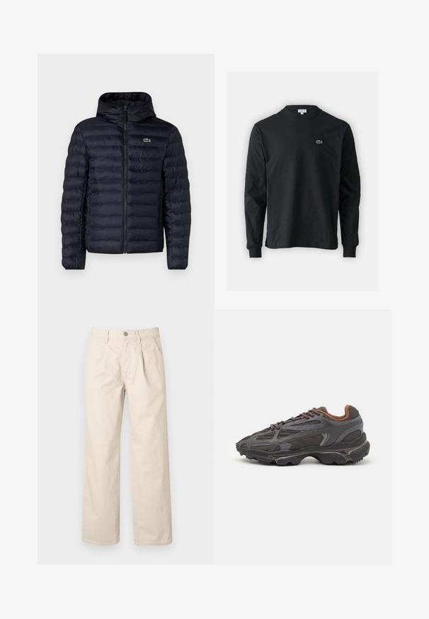 Tengerészi, kapucnis, párnázott dzseki, elöl cipzárral és rugalmas mandzsetta. Texturált felülettel, vízszintes varrásokkal és logó díszítéssel.; Fekete hosszú ujjú pamut póló, kerek nyakkivágással, bal mellen egy kis zöld hímzett krokodil logóval.; Beige, magas derekú, széles szárú nadrág, elülső redőkkel, elülső gombos záródással és sima pamut anyagból.; Sötét szürke Lacoste sportcipők hálós és szintetikus anyagból, textúrázott talppal és barna díszítésekkel a nyak részen és a logón.