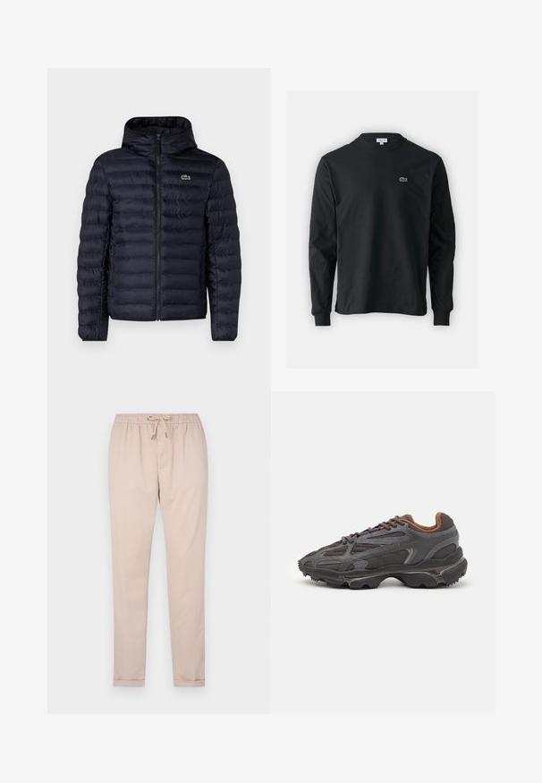 Marine gewatteerde jas met capuchon, voorzien van een rits aan de voorkant en elastische manchetten. Getextureerde afwerking met horizontale stiksels en een logo-accent.; Zwarte longsleeve t-shirt van katoen, met een ronde halslijn en een klein groen geborduurd krokodillenlogo op de linkerborst.; Lichtbeige broek van zachte stof, met een elastische tailleband en trekkoord, taps toelopende pijpen en manchetomslagen.; Lacoste sneakers in donkergrijs van mesh en synthetisch materiaal, met een gestructureerde zool en bruine accenten op de kraag en branding.