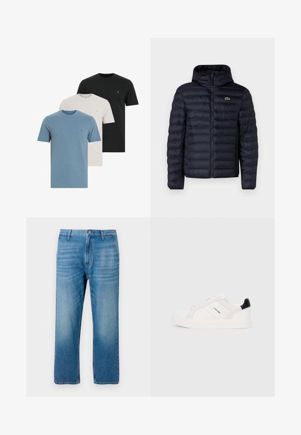 Casaco acolchoado azul marinho com capuz, apresentando um fecho de correr frontal e punhos elásticos. Acabamento texturizado com costuras horizontais e um detalhe de logótipo.; AllSaints BRACE TONIC 3 PACK - T-shirt básica - blue/grey/black; Calças de ganga azul claro com um corte reto, design de cinco bolsos, fecho de botão e desbotamento subtil na parte da frente. Sem padrões visíveis.; Sapatilhas brancas com detalhes em rosa claro e preto, apresentando painéis de couro liso e camurça, biqueira redonda e sola de borracha plana.