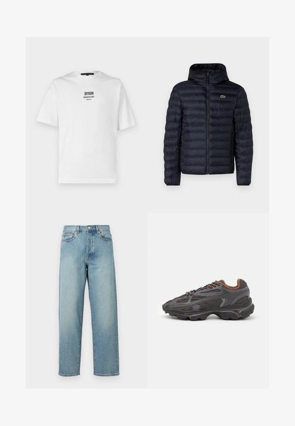 Navy padded jacket with a hood, featuring a front zipper and elastic cuffs. Textured finish with horizontal stitching and a logo accent.; White cotton t-shirt with short sleeves, round neckline, and black printed text "DRYKORN FOR BEAUTIFUL PEOPLE" on the front.; Light blue denim jeans with a loose fit, straight legs, five-pocket design, and a button closure at the waist. Minimalistic stitching detail.; Lacoste sneakers in dark gray with mesh and synthetic material, featuring a textured sole and brown accents on the collar and branding.
