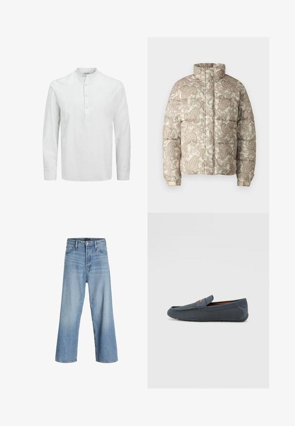 Giacca imbottita con colletto alto, caratterizzata da un motivo paisley crema e marrone chiaro. I materiali sembrano trapuntati con polsini a coste per un comfort ottimale.; Camicia bianca a maniche lunghe realizzata in tessuto leggero. Presenta un colletto alla coreana e una patta con bottoni leggeri. Texture morbida e vestibilità comoda.; Jeans blu chiaro a gamba larga realizzati in denim, con vita alta, classico design a cinque tasche e chiusura a bottone con zip.; Mocassini grigi perforati con design slip-on, caratterizzati da un accento arancione, punta arrotondata e suola in gomma testurizzata.