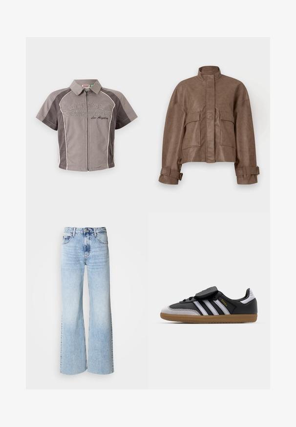 Brown faux leather cropped jacket with a high collar, front zip, two large chest pockets, and adjustable cuffs. Smooth texture and structured design.; Light beige, ribbed knit turtleneck sweater with a relaxed fit, dropped shoulders, and a thick collar. Soft texture, slightly oversized design.; Short-sleeve, zip-front shirt in gray with white accents and embroidered "GUESS ORIGINALS Los Angeles" text. Smooth fabric with a structured collar.; Light blue wide-leg jeans with faded denim texture, high waist, and classic five-pocket design. Features a button and zipper closure.; Black leather and gray suede sneaker with white stripes, rubber gum sole, lace-up front, and Velcro strap. Features "Samba" branding in gold.