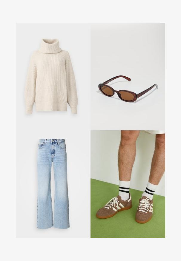 Brązowa kurtka z ekoskóry o kroju cropped, z wysokim kołnierzem, zamek błyskawiczny z przodu, dwie duże kieszenie na klatce piersiowej oraz regulowane mankiety. Gładka tekstura i zarysowany design.; Jasno beżowy, prążkowany sweter z golfem o luźnym kroju, opadających ramionach i grubym kołnierzu. Miękka tekstura, lekko oversize'owy fason.; Jasnoniebieskie dżinsy o szerokich nogawkach z wyblakłą teksturą denimu, wysoki stan i klasyczny pięcio-kieszeniowy design. Zawierają zapięcie na guzik i suwak.; Brązowe zamszowe sneakersy z białymi akcentami i sznurówkami. Gumowa, brązowa podeszwa. Noszone z białymi skarpetkami w czarne paski. Zielona teksturowana podłoga.; Okrągłe, brązowe okulary przeciwsłoneczne z błyszczącą bordową oprawą. Cienkie ramiona z subtelnym detalem marki. Płaski kształt soczewek.