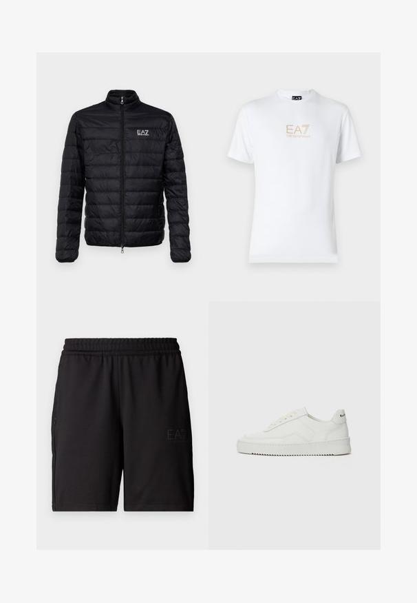 Padded črn plašč s visokim ovratnikom, sprednjim zadrgo in EAZ logotipom na levem prsnem delu. Ima vodoravno prešito zasnovo in gladko teksturo.; Bela bombažna majica s krožnim izrezom in kratkimi rokavi, s pozlačenim logotipom EA7 Emporio Armani natisnjenim spredaj.; Črne športne hlače iz lahkotnega materiala, z elastičnim pasom in mrežastimi stranskimi paneli. Logotip blagovne znamke potiskan spredaj.; Bela usnjena športna obutev z gladko površino, okroglo prst, ravne vezalke in teksturiran podplat. Ima diskretno logo na peti.