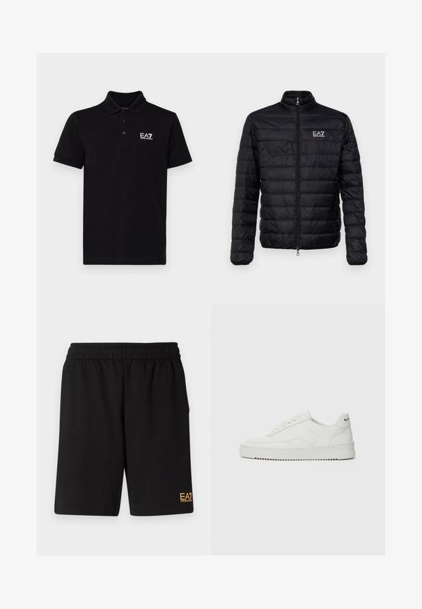 Podšité čierne sako s vysokým golierom, predným zipsom a logom EAZ na ľavej hrudi. Obsahuje horizontálny prešívaný dizajn a hladkú textúru.; Čierne polo tričko vyrobené z bavlny s klasickým golierom, lištou na tri gombíky a bielym logom EA7 na ľavej strane hrude. Krátke rukávy.; Čierne športové šortky vyrobené z jemného materiálu, s elastickým pásom a malým žltým logom EA7 na dolnej ľavej nohe.; Biele kožené tenisky s hladkým povrchom, okrúly špičkový dizajn, ploché šnúrky a textúrovaná podrážka. Obsahujú jemné logo na päte.