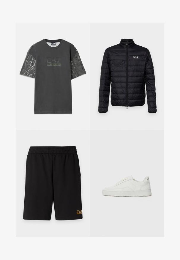 Padded černá bunda s vysokým límcem, předním zipem a logem EAZ na levé části hrudi. Obsahuje horizontální prošívaný design a hladkou texturu.; Šedé bavlněné tričko s krátkými rukávy, které má vzorovanou látku na rukávech a centrální logo s nápisem "EA7 Emporio Armani."; Černé sportovní šortky vyrobené z měkké látky, s elastickým pasem a malým žlutým logem EA7 na dolní části levé nohy.; Bílé kožené tenisky s hladkým povrchem, kulatou špičkou, plochými tkaničkami a texturovanou podrážkou. Na patě se nachází nenápadné logo.