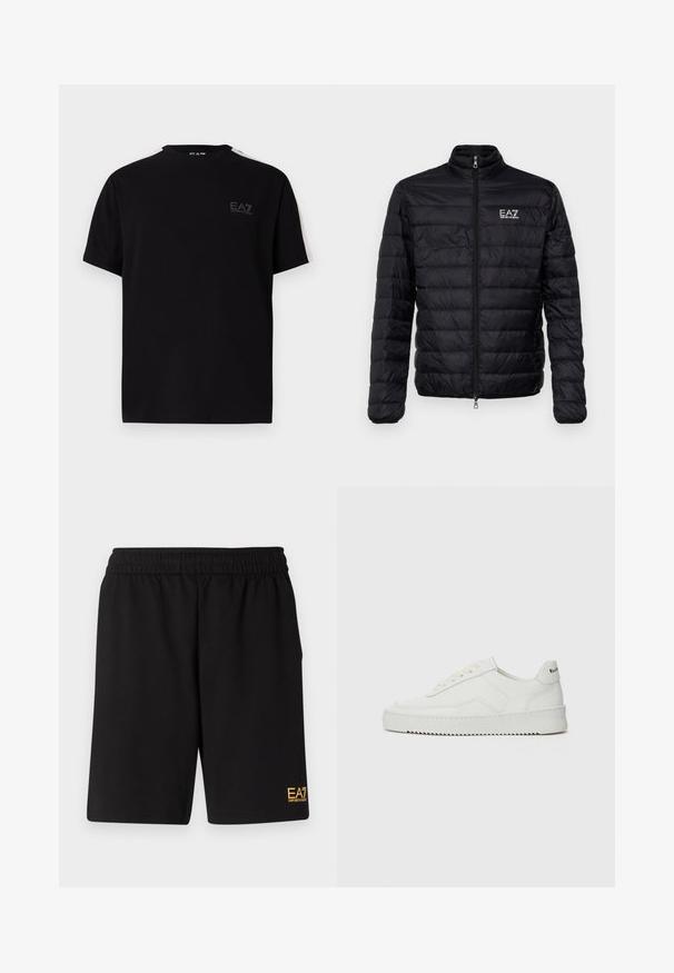 Giacca nera imbottita con colletto alto, zip frontale e logo EAZ sul lato sinistro del petto. Presenta un design a righe orizzontali e una texture liscia.; T-shirt in cotone nero con maniche corte, caratterizzata da un piccolo logo EA7 sul petto e strisce color crema lungo le spalle.; Pantaloni sportivi neri realizzati in tessuto morbido, con vita elastica e un piccolo logo EA7 giallo sulla parte bassa della gamba sinistra.; Sneaker in pelle bianca con una finitura liscia, punta rotonda, lacci piatti e suola testurizzata. Presenta un logo discreto sul tallone.