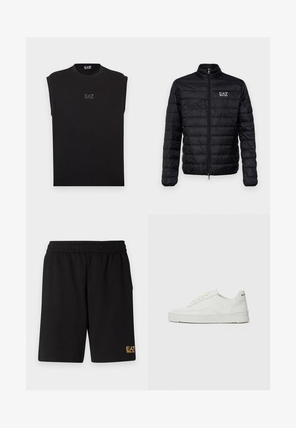 Padded černá bunda s vysokým límcem, předním zipem a logem EAZ na levé části hrudi. Obsahuje horizontální prošívaný design a hladkou texturu.; Černé tílko bez rukávů s kulatým výstřihem, na přední straně malým logem EA7. Vyrobeno z měkké, hladké látky s volným střihem.; Černé sportovní šortky vyrobené z měkké látky, s elastickým pasem a malým žlutým logem EA7 na dolní části levé nohy.; Bílé kožené tenisky s hladkým povrchem, kulatou špičkou, plochými tkaničkami a texturovanou podrážkou. Na patě se nachází nenápadné logo.