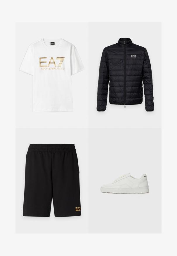 Pievienots melnais jaka ar augstu apkakli, priekšējo rāvējslēdzēju un EAZ logo kreisajā krūtī. Iezīmē horizontālu quilted dizainu un gludu tekstūru.; Balts kokvilnas T-krekliņš ar lielu zelta metālisku "EA7" logo un "EMPORIO ARMANI" tekstu zem tā. T-krekliņam ir īsas piedurknes un apaļa apkakle.; Melnas sporta šortus, kas izgatavoti no mīksta auduma, ar elastīgu jostu un mazu dzeltenu EA7 logo zem kreisā kājas stūra.; Baltas ādas sneakers ar gludu virsmu, apaļu pirkstu daļu, plakaniem šņorēm un teksturētu zoli. Satur diskrētu logotipu uz papēža.