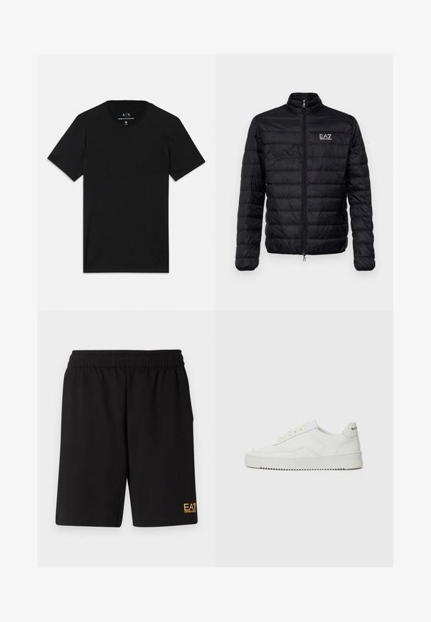 Párnázott fekete dzseki magas gallérral, elülső cipzárral és EAZ logóval a bal mellen. Jellemzője a vízszintes steppelés és sima textúra.; Fekete pamut póló, rövid ujjakkal, kerek nyakkivágással és a belső galléron található márkafelirattal.; Fekete sportnadrág puha anyagból, rugalmas derékkal és egy kis sárga EA7 logóval a bal alsó lábszáron.; Fehér bőr sportcipő sima felülettel, kerek orral, lapos fűzőkkel és texturált talppal. Finom logó található a sarokon.