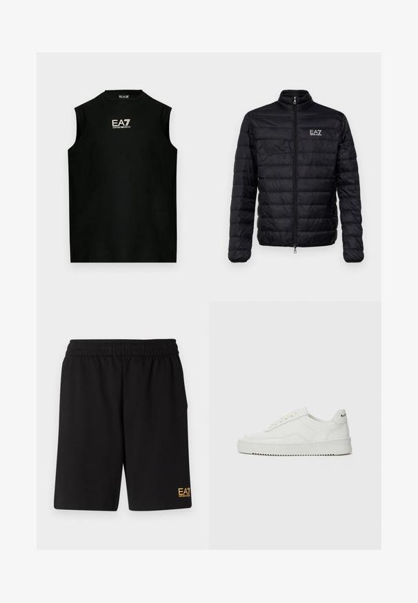Padded black jacket with a high collar, front zip, and EAZ logo on the left chest. Features horizontal quilted design and smooth texture.; Black sleeveless shirt made of cotton, featuring a round neck and an embroidered EA7 logo in gold on the front. Smooth texture.; Black athletic shorts made of soft fabric,Featuring an elastic waistband and a small yellow EA7 logo on the lower left leg.; White leather sneaker with a smooth finish, round toe, flat laces, and a textured sole. Features a subtle logo on the heel.