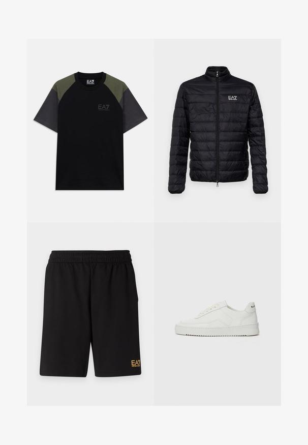 Pievienots melnais jaka ar augstu apkakli, priekšējo rāvējslēdzēju un EAZ logo kreisajā krūtī. Iezīmē horizontālu quilted dizainu un gludu tekstūru.; Īsām piedurknēm melns T-krekls ar olīvu zaļām plecu detaļām, tumši pelēkām piedurknēm un EA7 Emporio Armani logotipu uz krūtīm un apkakles birkas.; Melnas sporta šortus, kas izgatavoti no mīksta auduma, ar elastīgu jostu un mazu dzeltenu EA7 logo zem kreisā kājas stūra.; Baltas ādas sneakers ar gludu virsmu, apaļu pirkstu daļu, plakaniem šņorēm un teksturētu zoli. Satur diskrētu logotipu uz papēža.