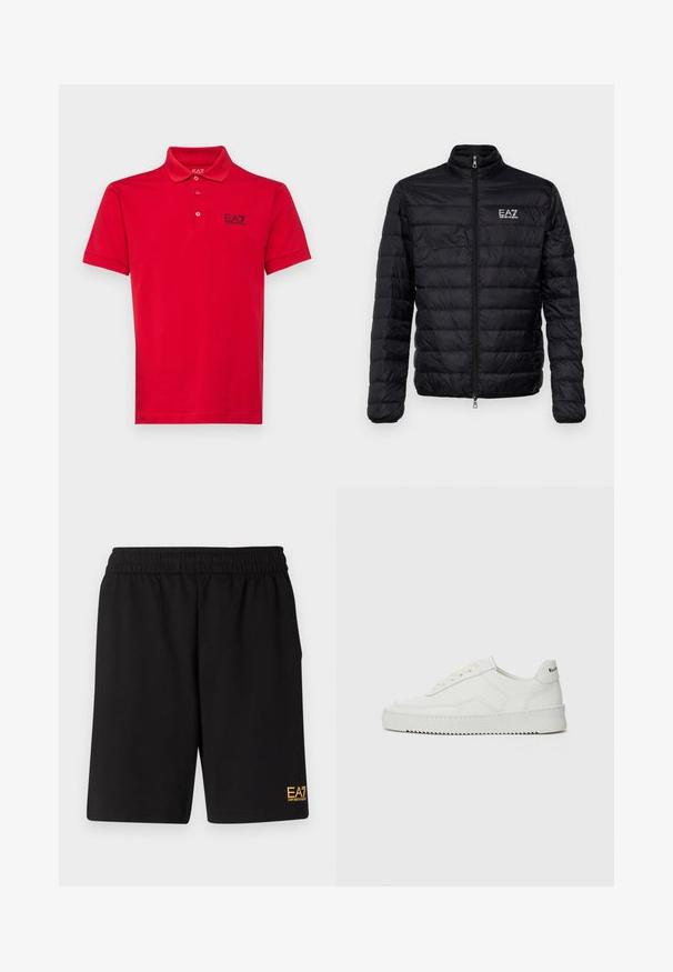 Polstret svart jakke med høy krage, glidelås foran, og EAZ-logo på venstre bryst. Har horisontalt quiltet design og glatt tekstur.; EA7 Emporio Armani TRAIN CORE - Poloskjorter - salsa; Sorte treningsshorts laget av mykt stoff, med elastisk midje og en liten gul EA7-logo nederst på venstre ben.; Hvite lærersneakers med en jevn overflate, rund tå, flate lisser og en teksturert såle. Har en subtil logo på hælen.