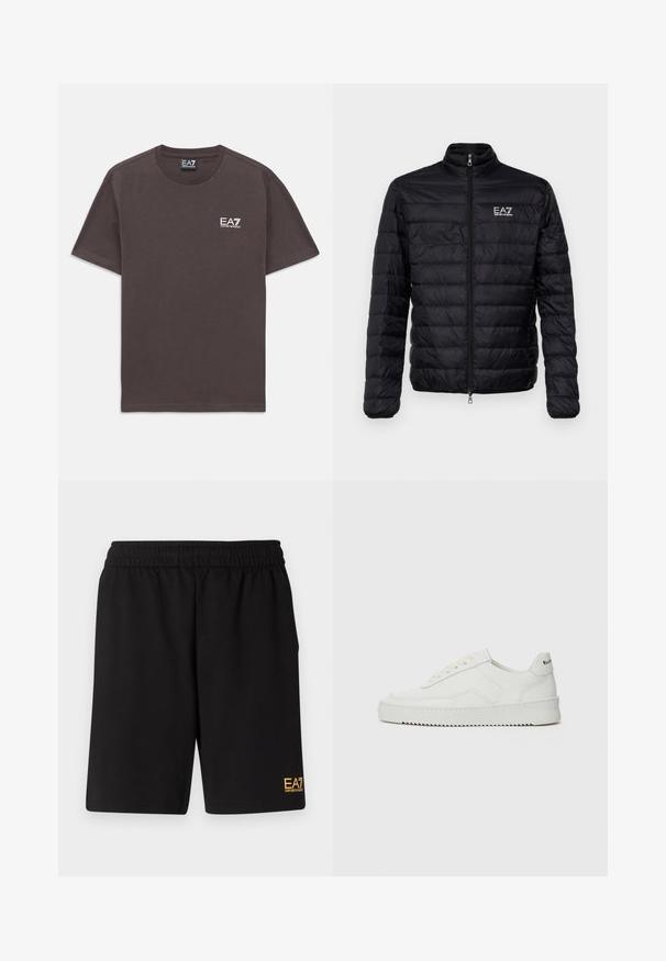 Padded černá bunda s vysokým límcem, předním zipem a logem EAZ na levé části hrudi. Obsahuje horizontální prošívaný design a hladkou texturu.; Tmavě šedé tričko s krátkým rukávem kulatého výstřihu se malým bílým logem EA7 Emporio Armani na levé části hrudi a štítkem na krku.; Černé sportovní šortky vyrobené z měkké látky, s elastickým pasem a malým žlutým logem EA7 na dolní části levé nohy.; Bílé kožené tenisky s hladkým povrchem, kulatou špičkou, plochými tkaničkami a texturovanou podrážkou. Na patě se nachází nenápadné logo.