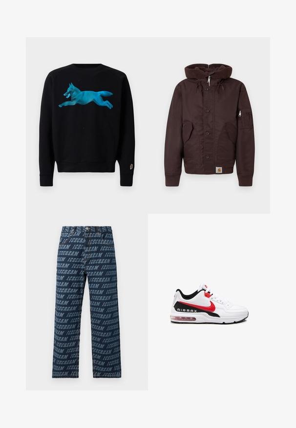 Giubbotto imbottito marrone con cappuccio spesso e texturizzato, bottoni frontali, tasche laterali e tasca sulla manica. Presenta polsini e orlo a coste.; Sweatshirt nero con una grafica turchese di una volpe che salta. Presenta polsini e orlo a coste, e un piccolo logo di un cono gelato sulla manica.; Jeans di denim blu scuro con un motivo di testo ripetuto "ICECREAM" in una tonalità più chiara. Taglio dritto con vita standard.; Scarpa sportiva bianca con accenti neri e rossi, caratterizzata da una tomaia in pelle liscia, chiusura con lacci e ammortizzazione d'aria visibile nella suola.