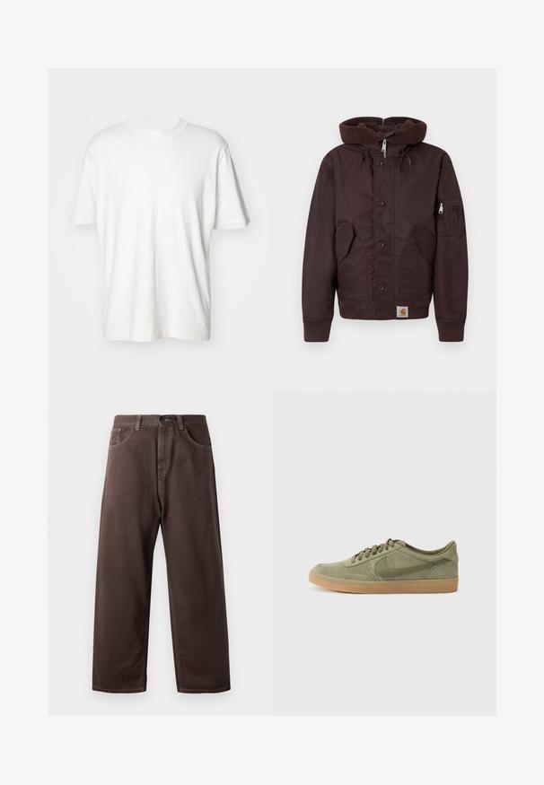 Brown padded jacket with a thick, textured hood, front buttons, side pockets, and a sleeve pocket. Features ribbed cuffs and hem.; Abercrombie & Fitch VINTAGE CREAM - Basic T-shirt - white sand; Brown wide-leg pants made of cotton, featuring a classic five-pocket design, a zip fly, and visible stitching details.; Green suede sneaker with a gum rubber sole, round toe, and lace-up design. Features Nike's signature logo in a darker green.