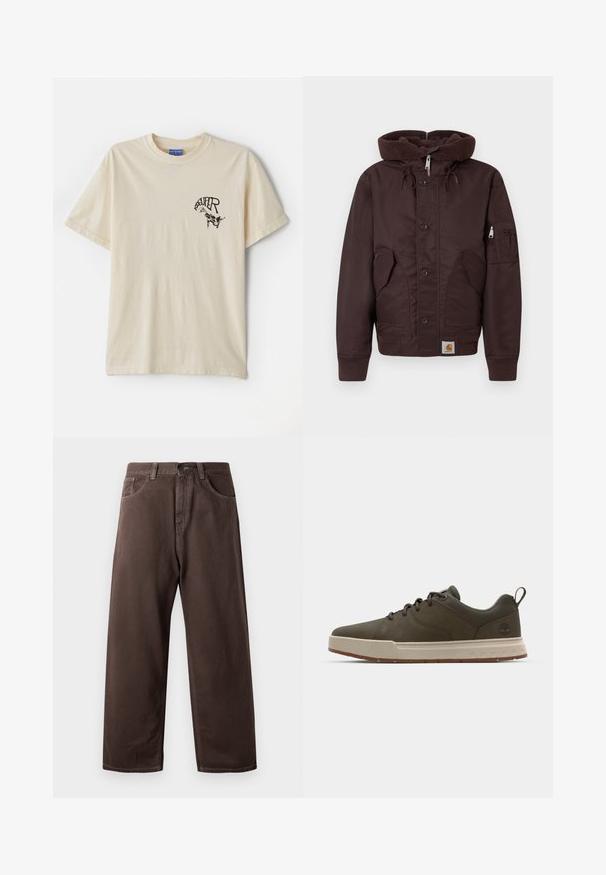 Hnědá vyteplená bunda s tlustou strukturovanou kapucí, předními knoflíky, bočními kapsami a kapsou na rukávu. Obsahuje žebrované manžety a lem.; Krémové bavlněné tričko s krátkým rukávem, na levé straně hrudi zdobené černým grafickým textem a ilustrací.; Hnědé kalhoty s širokými nohavicemi vyrobené z bavlny, s klasickým pětikapsovým designem, zapínáním na zip a viditelnými švy.; Tmavě zelené tenisky s hladkým svrškem, světle béžovou mezipodešví a gumovou podrážkou. Mají zaoblenou špičku a minimální branding na patě.