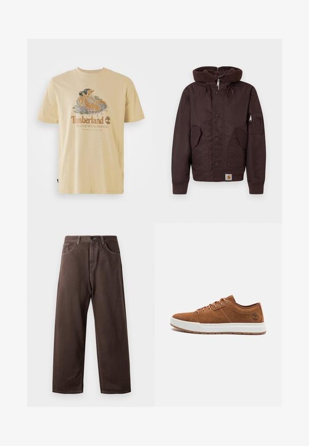 Bruine gewatteerde jas met een dikke, gestructureerde capuchon, knopen aan de voorkant, zijzakken en een zak op de mouw. Voorzien van ribgebreide manchetten en zoom.; Beige katoenen t-shirt met een grafische illustratie van laarzen, met daaronder de tekst "Timberland Boots With Roots". Korte mouwen, ontspannen pasvorm.; Bruine wijde broek van katoen, met een klassiek vijf-pocketdesign, een ritsgulp en zichtbare stikseldetails.; Bruine suède sneakers met een witte rubberen zool, ronde neus, zes metalen veterogen en een reliëflogo detail aan de zijkant. Klassiek vetersluiting ontwerp.