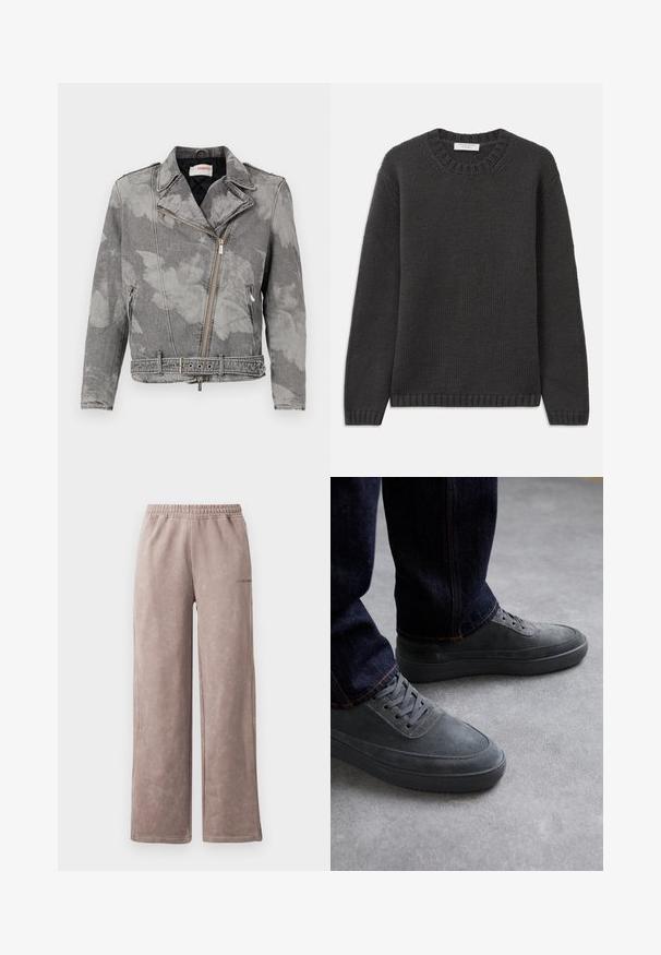 Grijze denim jack met een vervaagd bloemenpatroon, asymmetrische voorrits, opstaande kraag en een taille met een riem met zilveren accenten.; Donkergrijs gebreid sweater met een ronde halslijn, geribbelde manchetten en zoom. De stof heeft een gestructureerde uitstraling en een regular fit.; Lichtbruine sweatpants met een zachte, gestructureerde afwerking, wijd uiteinde ontwerp, elastische tailleband en subtiele logodetail aan de zijkant.; Grijze suède sneakers met een gestructureerd oppervlak, platte rubberen zolen en vetersluiting, gecombineerd met donkere denim jeans met oranje stiksel.