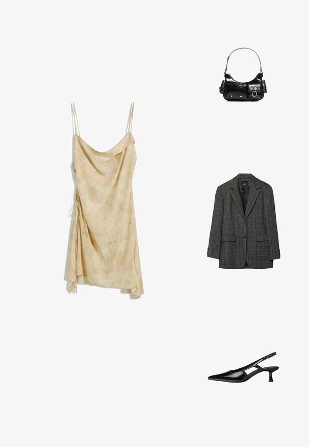 Šedé houndstooth sako s klopovými límci, zapínáním na jeden knoflík, dvěma předními kapsami a manžetami na tři knoflíky. Hladká podšívka.; Beige šaty na ramínka s tenkými popruhy, s drapovaným výstřihem a asymetrickým lemem. Obsahuje detail na zavázání na jedné straně a jemnou, texturovanou tkaninu.; Černé lakované lodičky na podpatku se špičatou špičkou, výřezovým designem na boku a malým čtvercovým podpatkem. Hladká textura s minimálními akcenty.; Černá lakovaná kožená kabelka s křivkovým tvarem, jedním ramenním popruhem, předními kapsami a stříbrnými kovovými detaily.