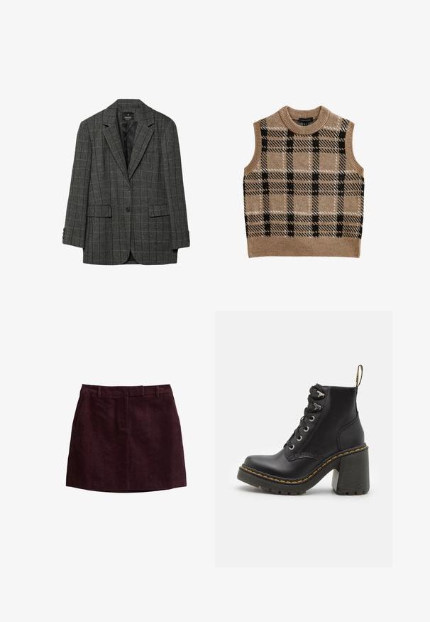 Grijze houndstooth blazer met geknipte revers, sluiting met één knoop, twee voorzakken en manchetten met drie knopen. Gladde voering aan de binnenkant.; Beige gebreide mouwloze vest met een ronde hals, voorzien van een zwart-wit geblokt patroon en een geribbelde boord.; Donkerpaarse corduroy minirok met ceintuurlussen, voorzakken en een centrale naad aan de voorkant.; Zwarte leren enkelboot met een dikke hoge hak, vetersluiting aan de voorkant, metalen oogjes en gele stiksels langs de zool. Getextureerde rubberen zool.