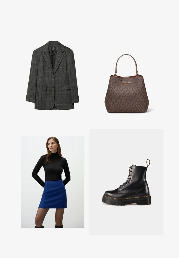 Grijze houndstooth blazer met geknipte revers, sluiting met één knoop, twee voorzakken en manchetten met drie knopen. Gladde voering aan de binnenkant.; Beige gebreide mouwloze vest met een ronde hals, voorzien van een zwart-wit geblokt patroon en een geribbelde boord.; Zwarte langemouwen turtleneck top gecombineerd met een gestructureerde blauwe minirok. De rok heeft een licht onregelmatig patroon en een aansluitende vorm.; Zwarte leren veterschoenen tot de enkel met een robuuste zwarte zool en gele stiksels. Kenmerkend zijn de trekloop aan de achterkant en de ronde metalen oogjes.; Bruine leren handtas met een getextureerd monogrampatroon en een goudkleurig "MICHAEL KORS" logo. Heeft dubbele handvatten en een gestructureerde vorm.