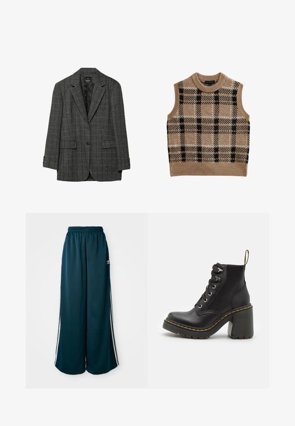 Grå hundtandsmönstrad kavaj med snedskurna slag, enkel knappstängning, två framfickor och tre-knappsförsedda manschetter. Slät inredningsfoder.; Tansydd strickad väst med rund hals, som har ett svart och vitt rutmönster, ärmlös design och ribbad fålldetalj.; Turkosa vida sweatpants med elastisk midja, med tre vita ränder längs sidorna och en Adidas-logotyp på vänster sida.; Svart läderankelboot med en kraftig hög klack, snörning framtill, metalldetaljer och gula sömmar längs sulan. Texturerad gummisula.