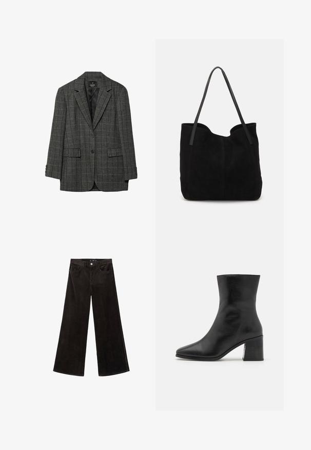 Šedé houndstooth sako s klopovými límci, zapínáním na jeden knoflík, dvěma předními kapsami a manžetami na tři knoflíky. Hladká podšívka.; Tmavě hnědý pletený svetr s žebrovanou strukturou, složeným rolákem a dlouhými rukávy se žebrovanými manžetami. Měkký, hrubý materiál.; Černé kordové kalhoty širokého střihu s vysokým pasem, předními kapsami a texturovanou tkaninou, s knoflíkovým zapínáním a poutky na opasek.; Černé kožené kotníkové boty, špičatá špička, hladká textura, středně vysoký blokový podpatek, minimalistický design a prošívané detaily podél límce.; Černá semišová taška přes rameno s dvěma dlouhými plochými koženými popruhy. Má zakřivený horní okraj a viditelné švy na přední straně. Bez kovových doplňků.