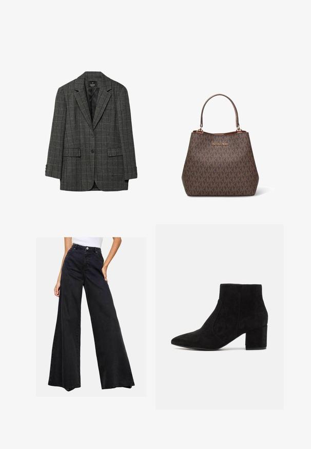 Grijze houndstooth blazer met geknipte revers, sluiting met één knoop, twee voorzakken en manchetten met drie knopen. Gladde voering aan de binnenkant.; Donkerbruine gebreide trui met een geribbelde textuur, opgevouwen col en lange mouwen met geribbelde boorden. Zachte, dikke stof.; Zwarte wijde spijkerbroeken van denim. Hoge taille met een knoopsluiting, met een strakke uitstraling en zonder opvallende patronen of accenten.; Zwarte suède enkellaarzen met een spitse neus en blokhak. Het ontwerp is strak met naadloze zijpanelen, wat een minimalistische uitstraling creëert.; Bruine leren handtas met een getextureerd monogrampatroon en een goudkleurig "MICHAEL KORS" logo. Heeft dubbele handvatten en een gestructureerde vorm.