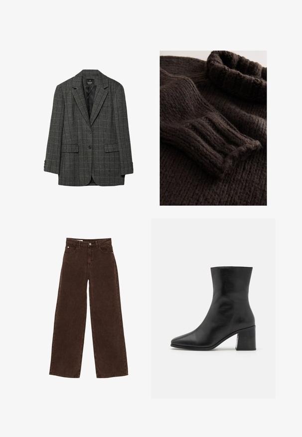 Blazer a scacchi grigi con rever a notched, chiusura a un bottone, due tasche anteriori e polsini a tre bottoni. Fodera interna liscia.; Maglione marrone scuro lavorato a maglia con texture a coste, collo alto ripiegato e maniche lunghe con polsini a coste. Materiale morbido e spesso.; Pantaloni corduroy a gamba larga marroni con chiusura frontale a bottone e zip, passanti per cintura e design a cinque tasche.; Stivale alla caviglia in pelle nera, punta affusolata, texture liscia, tacco a blocco di altezza media, design minimalista e finiture cucite lungo il colletto.