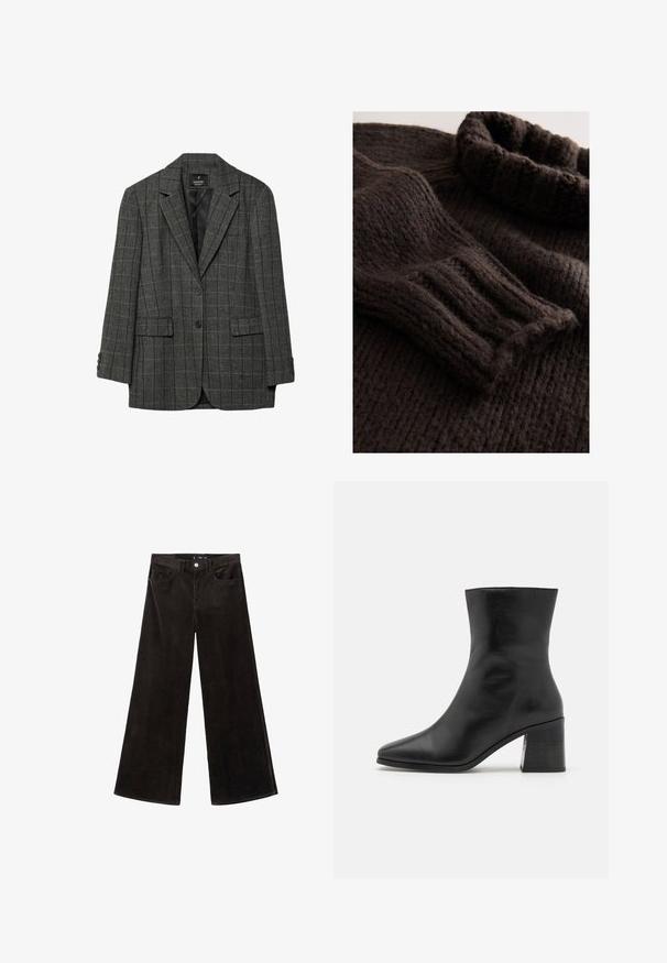 Šedé houndstooth sako s klopovými límci, zapínáním na jeden knoflík, dvěma předními kapsami a manžetami na tři knoflíky. Hladká podšívka.; Tmavě hnědý pletený svetr s žebrovanou strukturou, složeným rolákem a dlouhými rukávy se žebrovanými manžetami. Měkký, hrubý materiál.; Černé kordové kalhoty širokého střihu s vysokým pasem, předními kapsami a texturovanou tkaninou, s knoflíkovým zapínáním a poutky na opasek.; Černé kožené kotníkové boty, špičatá špička, hladká textura, středně vysoký blokový podpatek, minimalistický design a prošívané detaily podél límce.