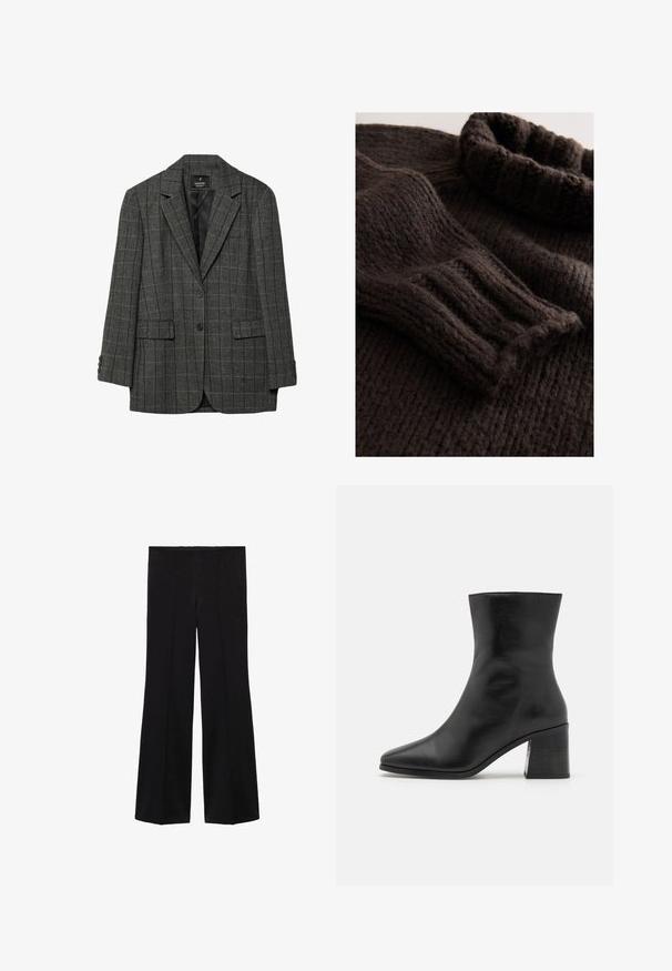 Šedé houndstooth sako s klopovými límci, zapínáním na jeden knoflík, dvěma předními kapsami a manžetami na tři knoflíky. Hladká podšívka.; Tmavě hnědý pletený svetr s žebrovanou strukturou, složeným rolákem a dlouhými rukávy se žebrovanými manžetami. Měkký, hrubý materiál.; Černé kalhoty s vysokým pasem a širokými nohavicemi, se švy na přední straně, vyrobené z hladké látky.; Černé kožené kotníkové boty, špičatá špička, hladká textura, středně vysoký blokový podpatek, minimalistický design a prošívané detaily podél límce.