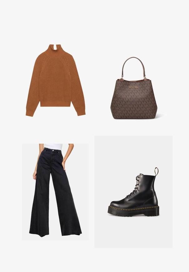 Blazer gris à motif pied-de-poule avec revers crantés, fermeture à un bouton, deux poches avant et poignets à trois boutons. Doublure intérieure lisse.; Pull en tricot marron avec un col montant haut, un ourlet et des poignets côtelés. Il présente un motif texturé et des manches raglan pour un ajustement décontracté.; Jeans larges noirs en denim. Taille haute avec fermeture à bouton, présentant un design épuré sans motifs ni accents prononcés.; Bottes chelsea en cuir noir avec lacets, à semelle épaisse noire et couture jaune. Comprend une anse à l'arrière et des œillets en métal circulaires.; Sac à main en cuir marron avec un motif monogramme texturé et un logo "MICHAEL KORS" doré. Dispose de doubles anses et d'une forme structurée.
