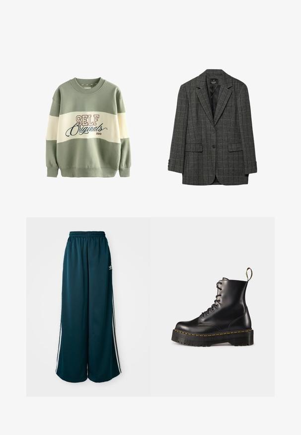 Blazer a scacchi grigi con rever a notched, chiusura a un bottone, due tasche anteriori e polsini a tre bottoni. Fodera interna liscia.; Felpa verde e crema, con scollatura rotonda, polsini a coste e scritta 'SELF Originals 2023' in borgogna e blu.; Pantaloni della tuta ampi blu petrolio con vita elastica, caratterizzati da tre strisce bianche lungo i lati e un logo Adidas sul lato sinistro.; Stivali alla caviglia in pelle nera con lacci, dotati di una suola nera spessa e cuciture gialle. Presentano una linguetta sul retro e occhielli metallici circolari.