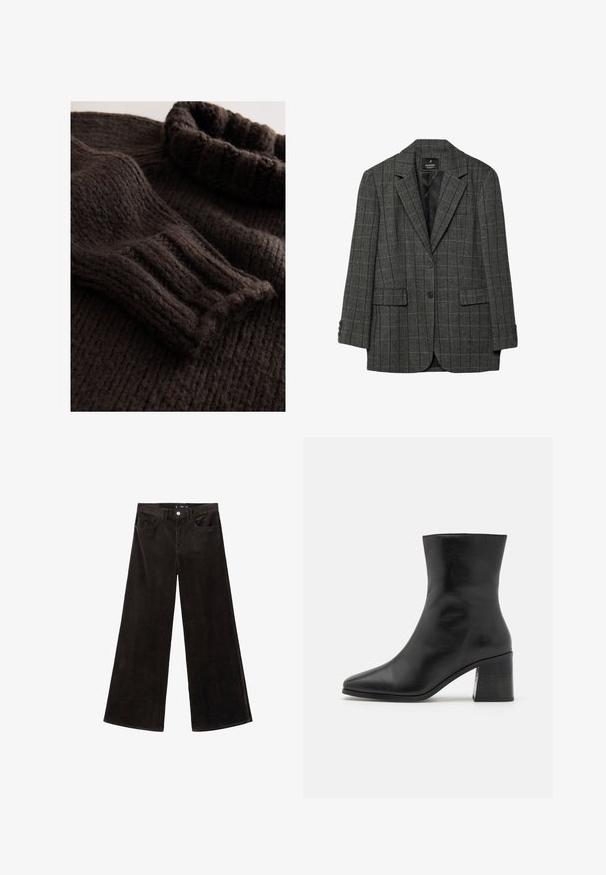 Blazer a scacchi grigi con rever a notched, chiusura a un bottone, due tasche anteriori e polsini a tre bottoni. Fodera interna liscia.; Maglione marrone scuro lavorato a maglia con texture a coste, collo alto ripiegato e maniche lunghe con polsini a coste. Materiale morbido e spesso.; Pantaloni in velluto a coste neri a gamba larga con vita alta, tasche frontali e tessuto testurizzato, dotati di chiusura con bottone e passanti per cintura.; Stivale alla caviglia in pelle nera, punta affusolata, texture liscia, tacco a blocco di altezza media, design minimalista e finiture cucite lungo il colletto.
