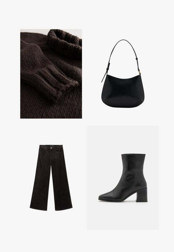 Grau Hahnentrittmuster-Blazer mit Reverskragen, einreihigem Knopfverschluss, zwei frontalen Taschen und Zierknöpfen an den Ärmeln. Glatte Innenauskleidung.; Dunkelbrauner, gestrickter Pullover mit rippenartiger Struktur, umgeschlagenem Rollkragen und langen Ärmeln mit gerafften Bündchen. Weiches, grobmaschiges Material.; Schwarze Corduroy-Hosen mit weitem Bein und hohem Bund, Fronttaschen und einem strukturierten Stoff, ausgestattet mit einem Knopfverschluss und Gürtelschlaufen.; Schwarze Leder-Ankle Boots, spitzer Zeh, glatte Textur, mittelhoher Blockabsatz, minimalistisches Design und gestickte Abschlüsse entlang des Kragens.; Schwarze Ledertasche mit schmalem Design, geschwungener Form und verstellbarem Griff. Verfügt über minimale Nähte und ein schlichtes Design.