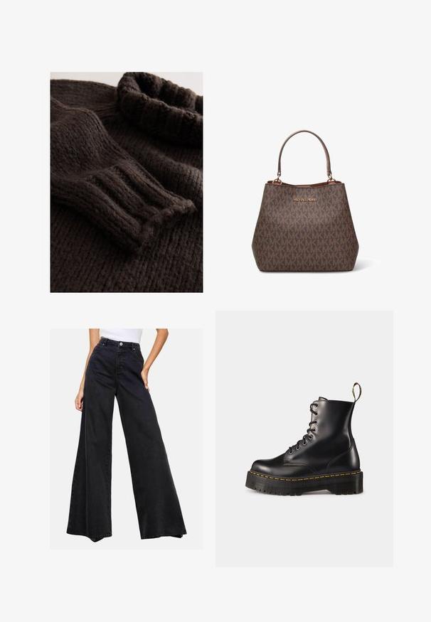 Gray houndstooth blazer with notched lapels, single-button closure, two front pockets, and three-button cuffs. Smooth interior lining.; Dark brown knitted sweater featuring a ribbed texture, folded turtleneck, and long sleeves with ribbed cuffs. Soft, chunky material.; Black wide-leg jeans made of denim. High waist with a button closure, featuring a clean design and no prominent patterns or accents.; Black leather lace-up ankle boots with a chunky black sole and yellow stitching. Features a pull tab at the back and circular metal eyelets.; Brown leather handbag with a textured monogram pattern and gold-tone "MICHAEL KORS" logo. Features dual handles and structured shape.