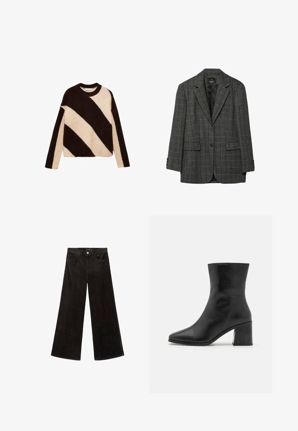 Grijze houndstooth blazer met geknipte revers, sluiting met één knoop, twee voorzakken en manchetten met drie knopen. Gladde voering aan de binnenkant.; Gebreide trui met opvallende diagonale strepen in donkerbruin en roomkleur, met een ronde hals en lange mouwen. Zachte textuur.; Zwarte corduroy wijde pijpen broek met een hoge taille, voorzakken en een gestructureerde stof, met een knoopsluiting en riemlussen.; Zwarte leren enkelboot, spitse neus, gladde textuur, middenhoge blokhak, minimalistisch ontwerp en gestikte afwerking langs de kraag.