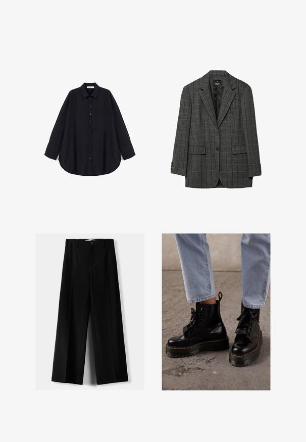 Grafitowa marynarka w jodełkę z klapami, z pojedynczym zapięciem na guzik, dwoma przednimi kieszeniami i mankietami zapinanymi na trzy guziki. Gładka podszewka.; Czarna koszula zapinana na guziki, wykonana z teksturowanej tkaniny. Posiada kołnierz z ostrym zakończeniem, długie rękawy, kieszeń na piersi oraz zaokrąglony doł.; Czarne spodnie szerokie, wykonane z lekkiego materiału, z zapięciem na guzik z przodu i gładkim przodem, z starannie wykończonymi brzegami.; Czarne skórzane botki za kostkę z masywną podeszwą, okrągłym noskiem, wstążkowymi sznurówkami, żółtymi stębnowaniami i pętelką z tyłu.