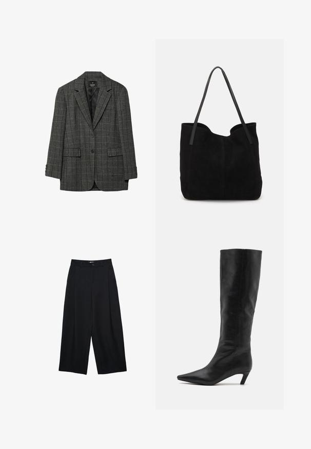 Grå houndstooth-blazer med notch-lapel, enkelt knaplukning, to forvante lommer og tre-knap manchetter. Glat indvendig for.; To korte ærmede T-shirts i sort og hvid. Fremstillet af blødt bomuld med en klassisk rund halsudskæring og normal pasform.; Sorte vidde bukser lavet af glat stof, med frontknaplukning, folder og sidelommer for ekstra funktionalitet.; RAID FLAURA - Høje støvler/ Støvler - black; Sort ruskinds totemed med to lange, flade læderremme. Har en buet topkant og synlige stikninger langs forsiden. Ingen hardware-dekorationer.