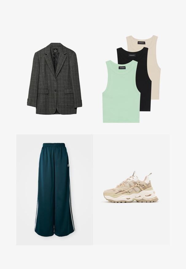 Blazer a scacchi grigi con rever a notched, chiusura a un bottone, due tasche anteriori e polsini a tre bottoni. Fodera interna liscia.; Tre canotte in verde menta, nero e beige; realizzate in tessuto a coste con scollatura rotonda e senza maniche. Etichetta del brand visibile.; Pantaloni della tuta ampi blu petrolio con vita elastica, caratterizzati da tre strisce bianche lungo i lati e un logo Adidas sul lato sinistro.; Sneaker beige con suola bianca spessa, pannelli in rete e sottili righe beige. Presenta un collare imbottito e dettagli testurizzati in tutta la scarpa.