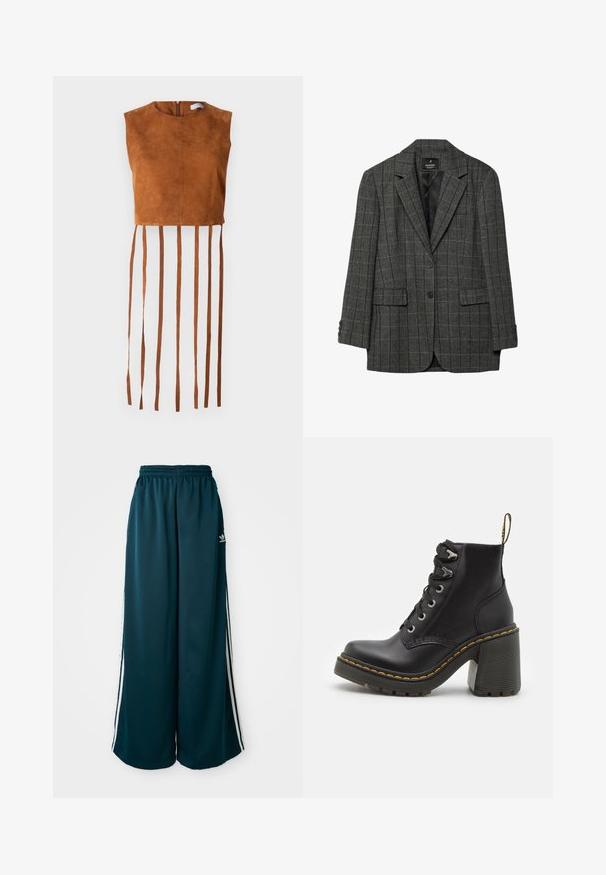 Grijze houndstooth blazer met geknipte revers, sluiting met één knoop, twee voorzakken en manchetten met drie knopen. Gladde voering aan de binnenkant.; Bruine suède crop top met een ronde halslijn en een ritssluiting aan de achterkant, met lange, verticale franjes langs de zoom.; Teal wijde sweatpants met een elastische tailleband, met drie witte strepen aan de zijkanten en een Adidas-logo aan de linkerkant.; Zwarte leren enkelboot met een dikke hoge hak, vetersluiting aan de voorkant, metalen oogjes en gele stiksels langs de zool. Getextureerde rubberen zool.