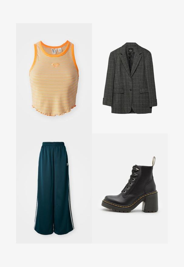 Šedé houndstooth sako s klopovými límci, zapínáním na jeden knoflík, dvěma předními kapsami a manžetami na tři knoflíky. Hladká podšívka.; Pruhovaný crop top v oranžové a světle modré barvě, s ribbovanou texturou, kulatým výstřihem a vlnitým lemem. Malé diamantové logo vyšívané vpředu.; Tyrkysové široké tepláky s elastickým pasem, s třemi bílými pruhy po stranách a logem Adidas na levé straně.; Černé kožené kotníkové boty s robustním vysokým podpatkem, šněrováním vpředu, kovovými očky a žlutým prošíváním podél podrážky. Texturovaná gumová podrážka.