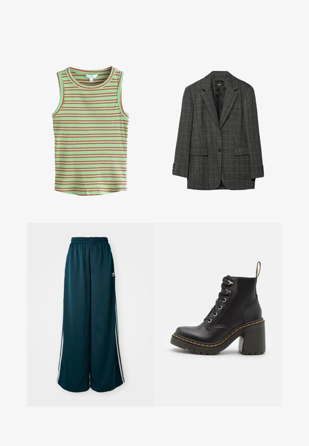 Sivý károvaný blejzer s vykrojenými klopami, zapínaním na jeden gombík, dvoma prednými vreckami a manžetami na tri gombíky. Hladká vnútorná podšívka.; Bezrukávový rebrovaný top s mätovo zeleným základom a horizontálnymi červenými pruhmi. Má okrúhly výstrih a jemnú textúru.; Tyrkysové široké tepláky s elastickým pásom, na bočných stranách s tromi bielymi pruhmi a logom Adidas na ľavej strane.; Čierne kožené členkové topánky s hrubým vysokým podpätkom, šnurovaním vpredu, kovovými očkami a žltým prešívaním pozdĺž podrážky. Štruktúrovaná gumová podrážka.