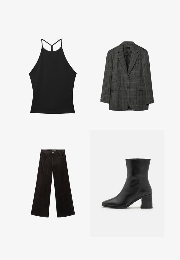 Harmaa houndstooth-sakset, joissa on notched-lapelit, yhden napin sulku, kaksi etutaskua ja kolme napin cuffia. Sileä sisävuori.; Musta halterneck-toppi, jossa on korkea kaulus ja ohuet nauhat. Sujuva kangas ilman näkyviä kuvioita tai koristeita. Hiukan levenevä muotoilu.; Mustat corduroy-laajakankaiset housut, joissa on korkea vyötärö, etutaskut ja teksturoitu kangas, varustettu nappikiinnityksellä ja vyölenkeillä.; Mustat nahka nilkkurit, terävä kärki, sileä pinta, keskikorkea lohkarekorko, minimalistinen muotoilu ja brodeeratut viimeistelyt kauluksessa.