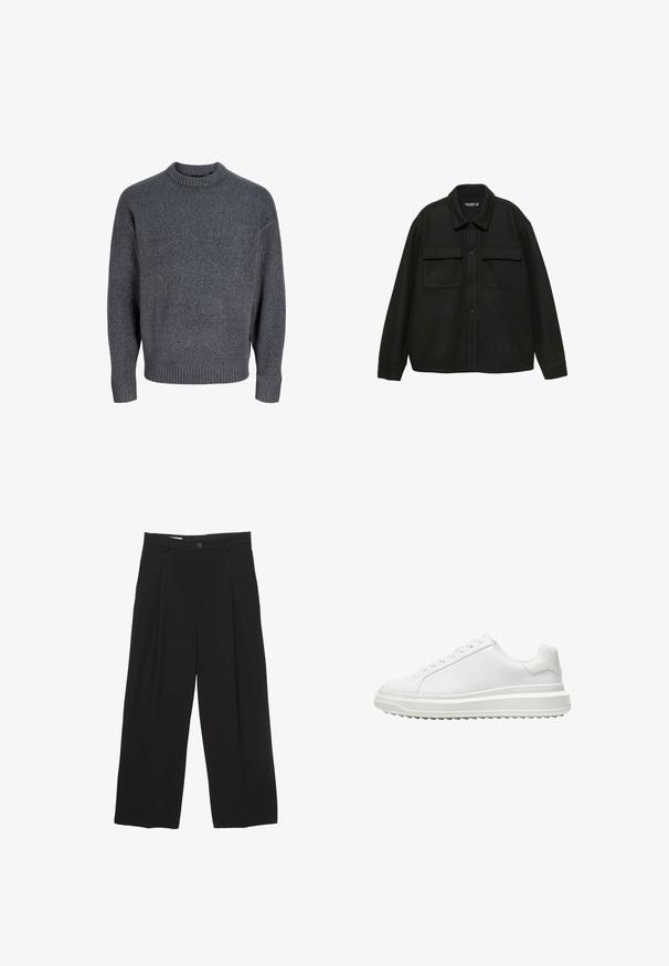 Giacca camicia in misto lana nera con colletto, chiusura con bottoni e due tasche sul petto. Presenta maniche lunghe e una vestibilità rilassata.; Maglione grigio realizzato in morbido tessuto, con un collo a girocollo e polsini a coste, caratterizzato da un design semplice e classico e una superficie текстurizzata.; Pantaloni neri a gamba larga realizzati in tessuto morbido, con vita piatta, pinces frontali e chiusura con un bottone.; Sneaker bianco con una tomaia sintetica liscia, punta rotonda, lacci piatti, suola testurizzata e un design a piattaforma stratificata per un'altezza extra.