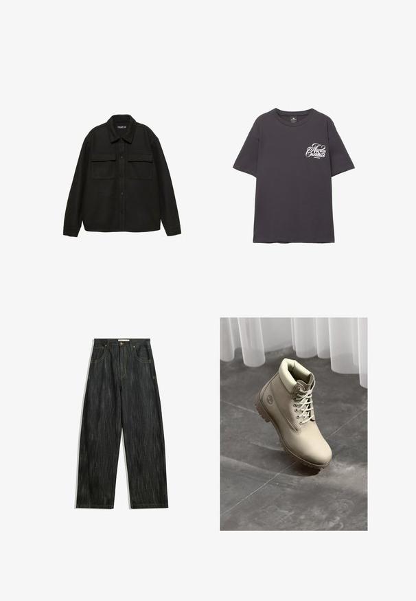 Cămașă jachetă dintr-un amestec de lână neagră, cu guler, închidere cu nasturi și două buzunare pe piept. Are mâneci lungi și o croială lejeră.; Tricou din bumbac gri, cu mâneci scurte, gât rotund și text alb imprimat pe partea stângă a pieptului. Textură moale și croială lejeră.; Jeans din denim închis, cu o croială lejeră, având o textură verticală subtilă, cusături galbene, cinci buzunare și o închidere clasică cu nasture.; Botina de lucru bej cu șireturi, guler căptușit și talpă groasă, pe un gresie gri, sub perdele albe transparente.